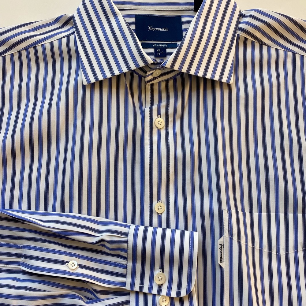 Faconnable Dress Shirt. Long sleeves, white, navy & blue.